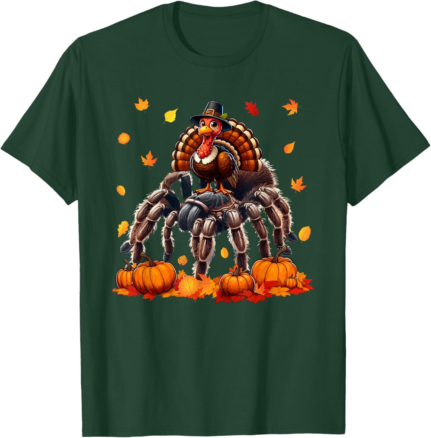 Turkey Riding Tarantula Thanksgiving Fall Leaves Pumpkins T-Shirt - T-Shirt | Forest