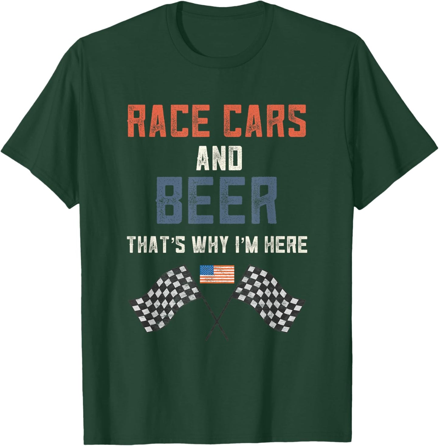 Race Cars Beer USA America Checkered Flag Fast Cars Race Day T-Shirt - T-Shirt | Forest