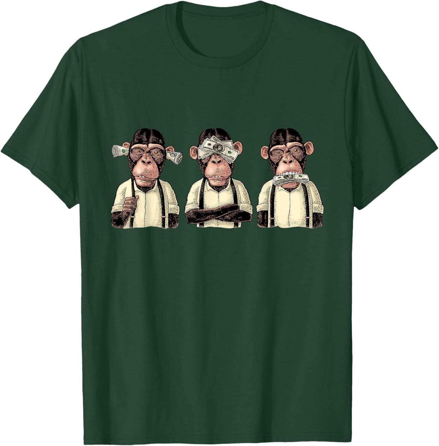 Money A Bag HEAR NO SEE NO SPEAK NO EVIL Monkey Dollar Bills T-Shirt - T-Shirt | Forest