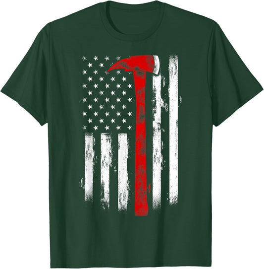 Fireman Ax Fire Department Firefighter American Axe Flag T-Shirt - T-Shirt | Forest