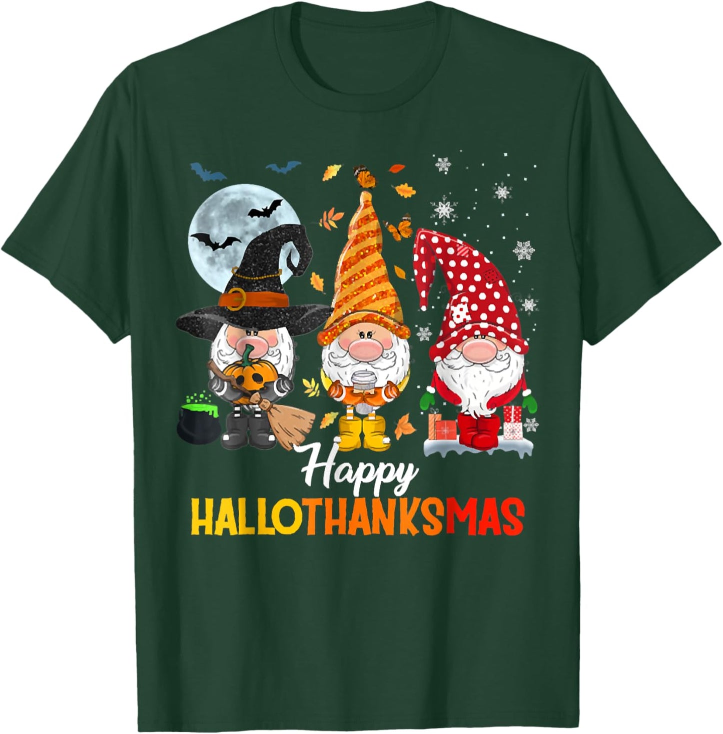 Gnomes Lover Halloween Merry Christmas Happy Hallothanksmas T-Shirt - T-Shirt | Forest