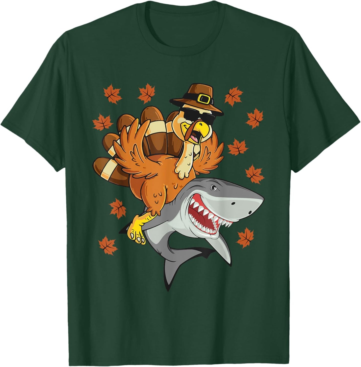 Thanksgiving Turkey Riding Shark Funny Toddler Boys Kids T-Shirt - T-Shirt | Forest