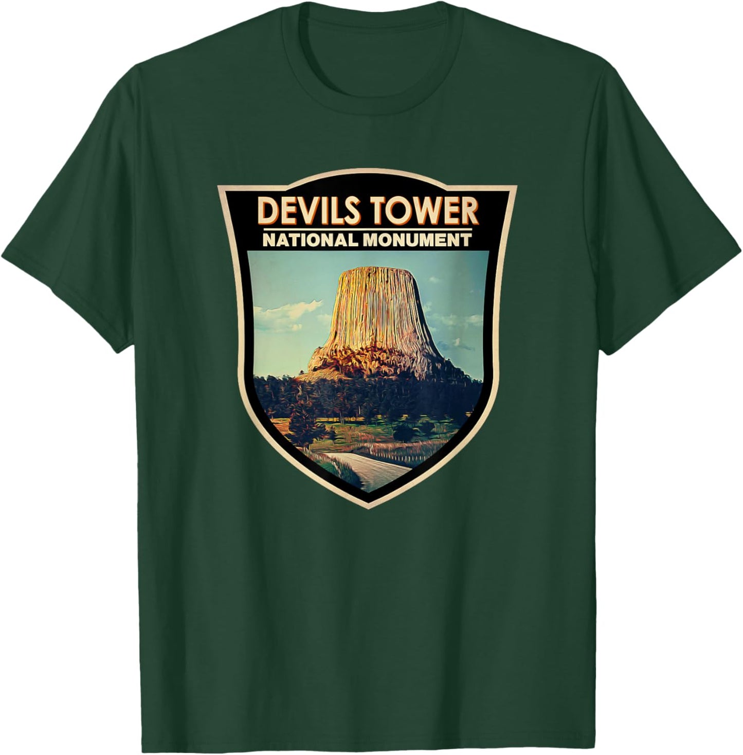 Devils Tower National Monument Wyoming Watercolor Badge T-Shirt - T-Shirt | Forest