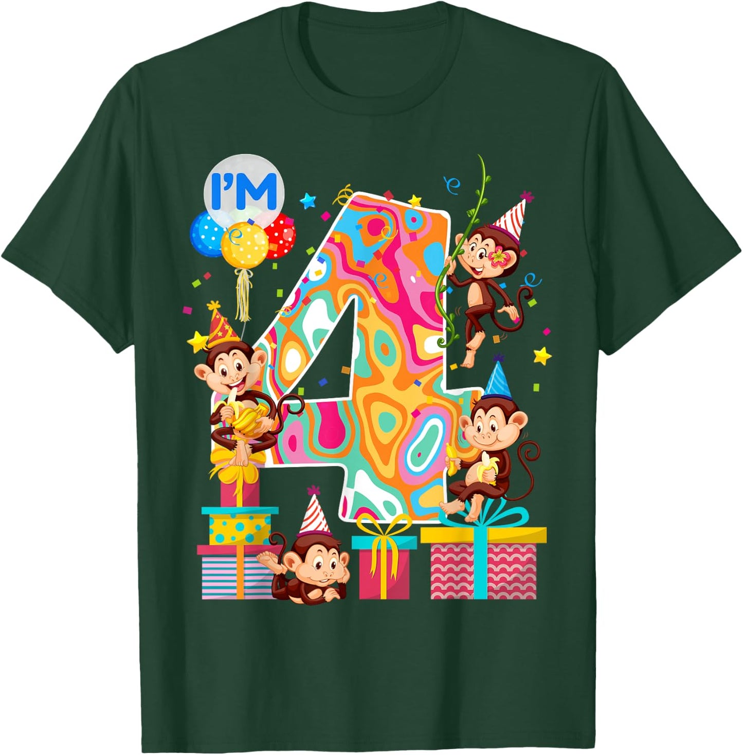 4th B-Day Monkey Birthday Zoo Animal 4 Year Old Funny T-Shirt - T-Shirt | Forest