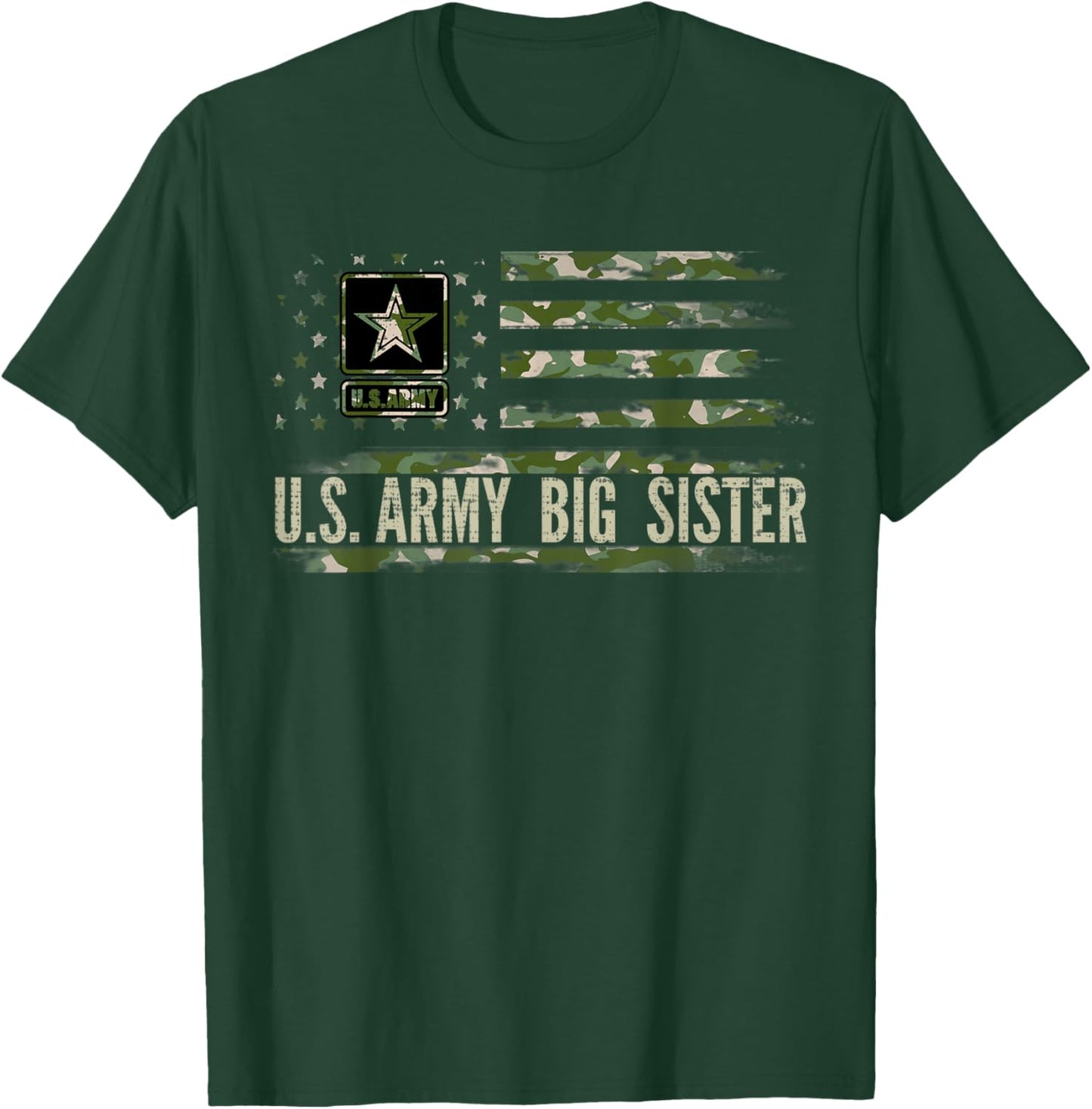 Vintage U.S Army Big Sister With Camo American Flag Veteran Women Kids Men T-Shirt - T-Shirt | Forest