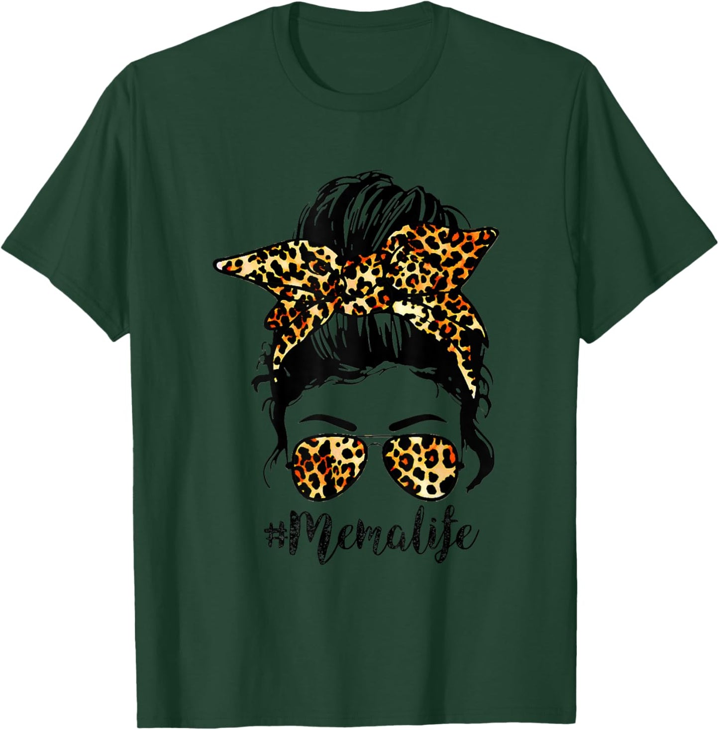 Mema Life Leopard Messy Bun Funny Mema Mother's Day gifts T-Shirt - T-Shirt | Forest