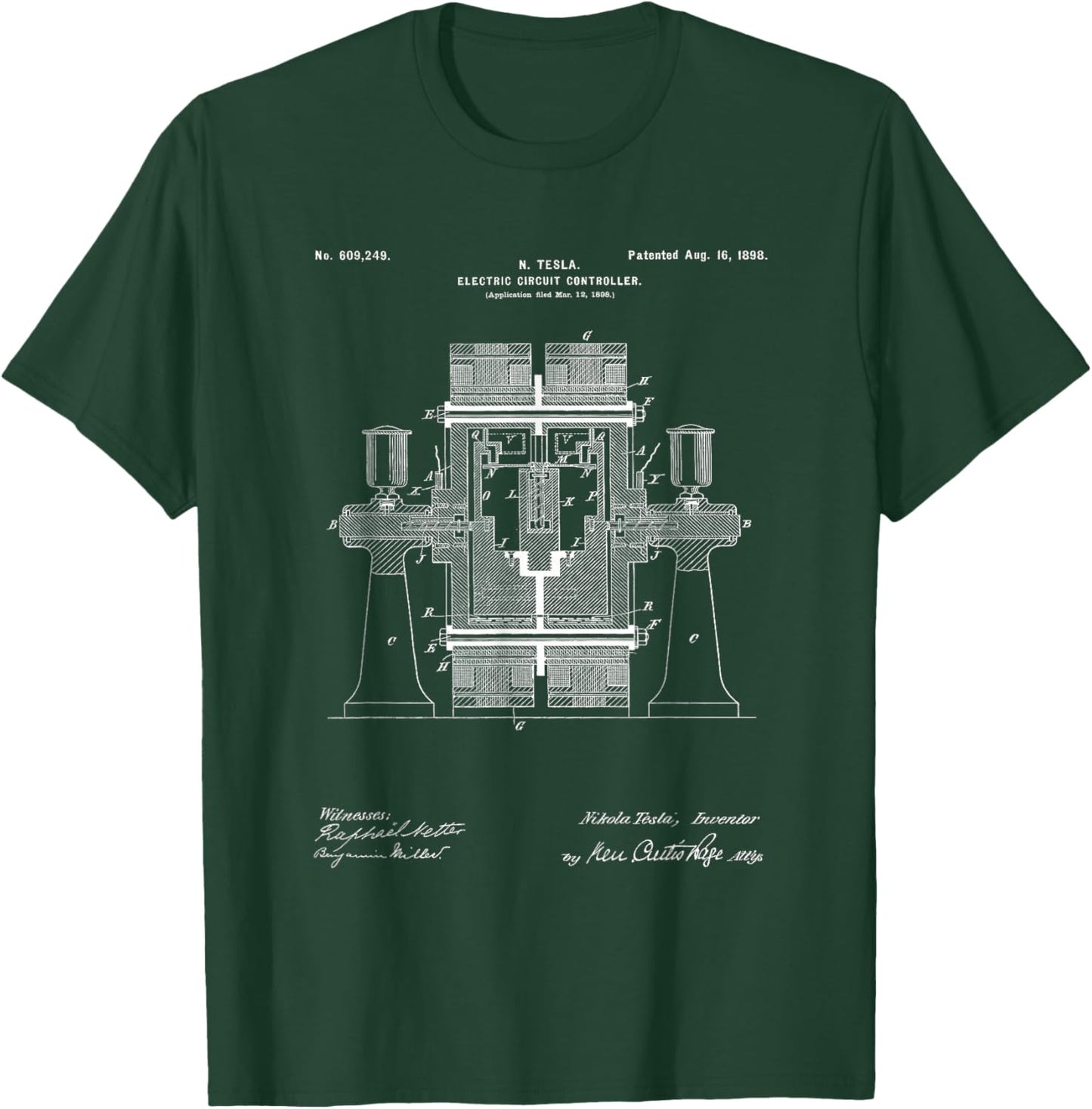 Tesla Electric Switch Regulator Patent Diagram Electrician T-Shirt - T-Shirt | Forest