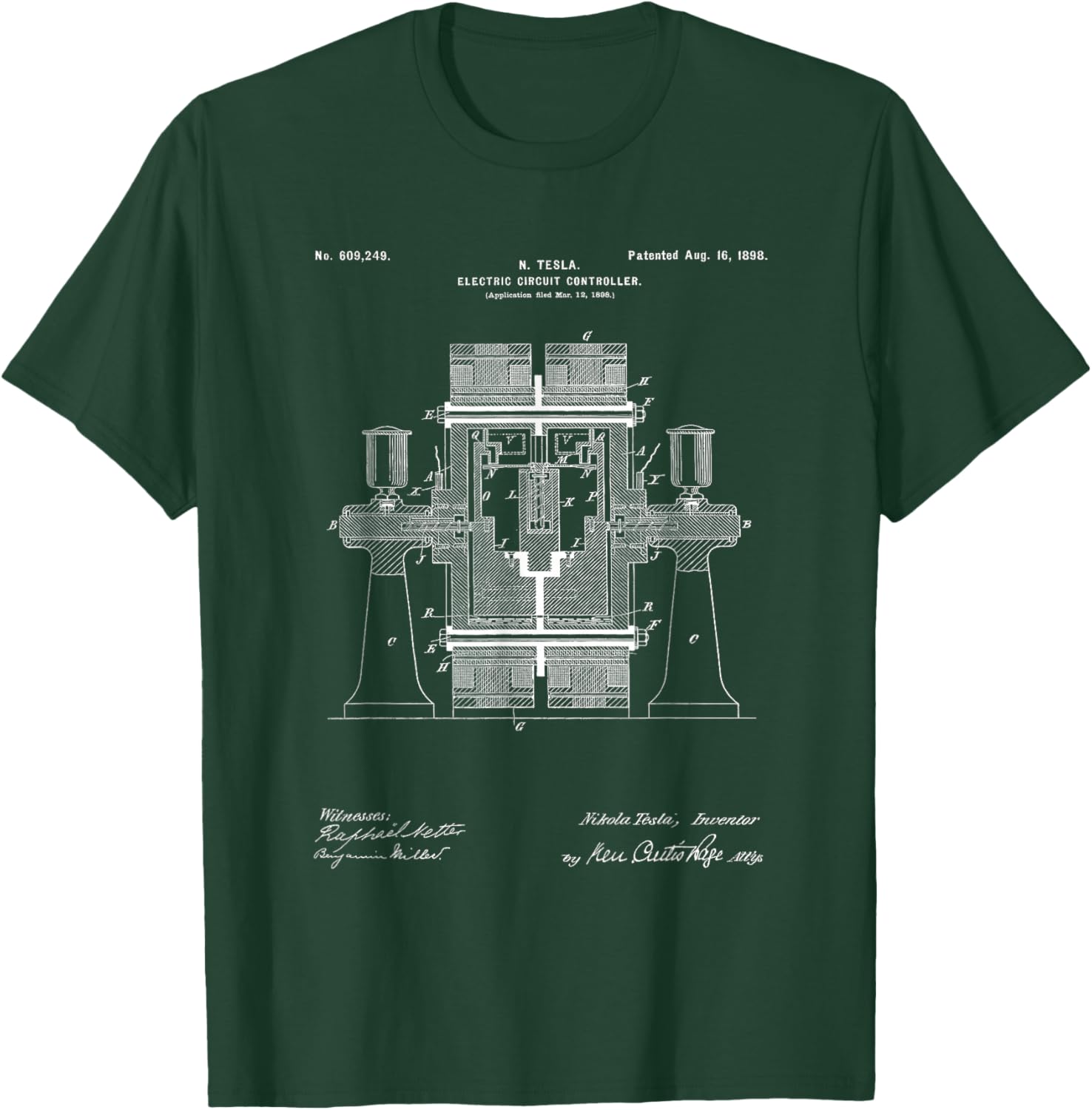 Tesla Electric Switch Regulator Patent Diagram Electrician T-Shirt - T-Shirt | Forest