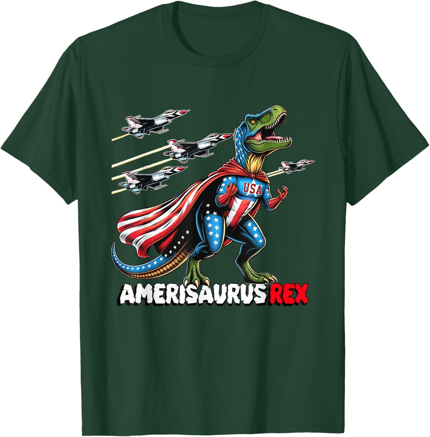 Amerisaurus T-Rex Patriotic Boys Girl 4th of July Flag Jets T-Shirt - T-Shirt | Forest