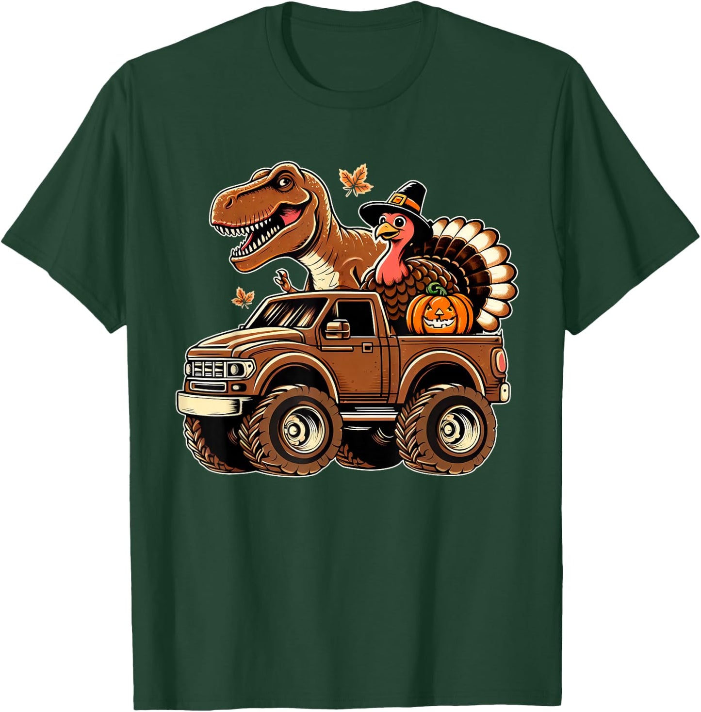 Happy Thanksgiving Dinosaur Turkey Riding Truck Kids Boys T-Shirt - T-Shirt | Forest
