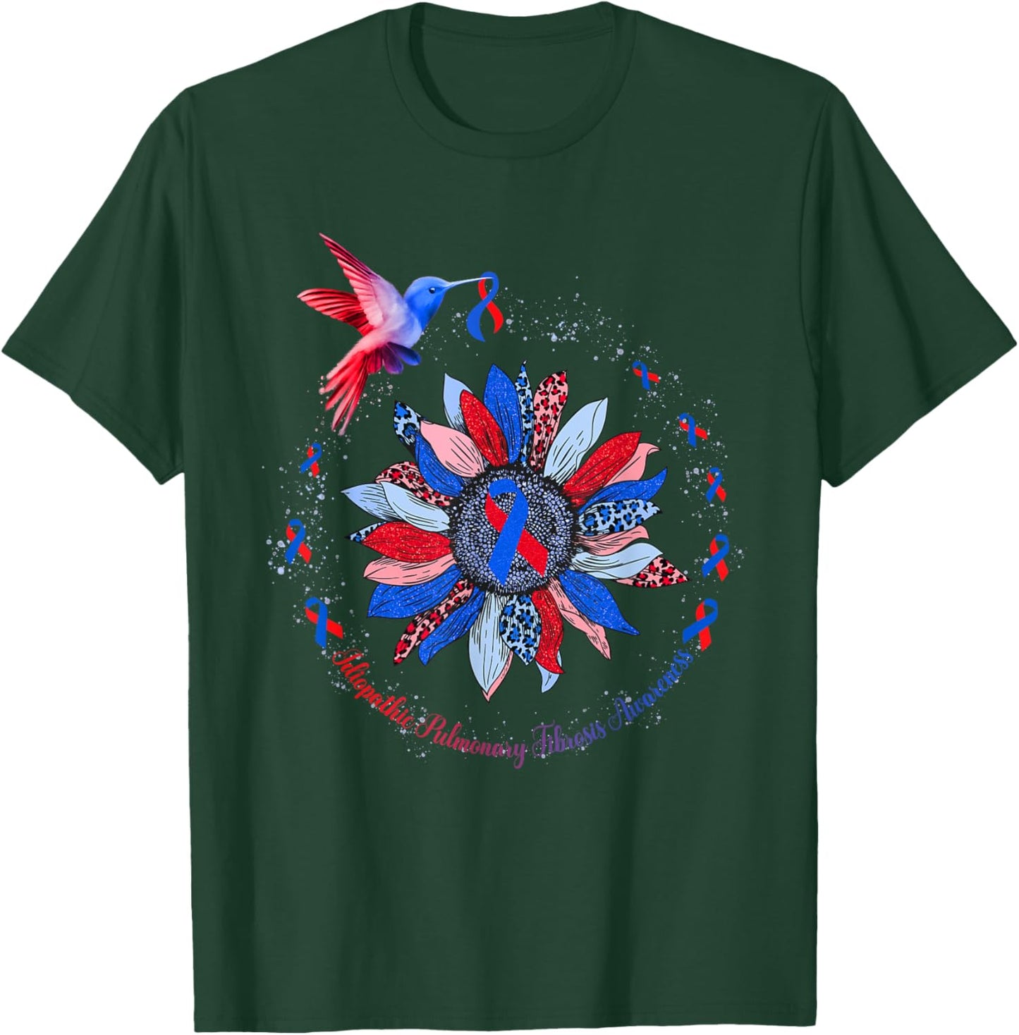 Sunflower Hummingbird Red Blue Ribbon Idiopathic Pulmonary T-Shirt - T-Shirt | Forest