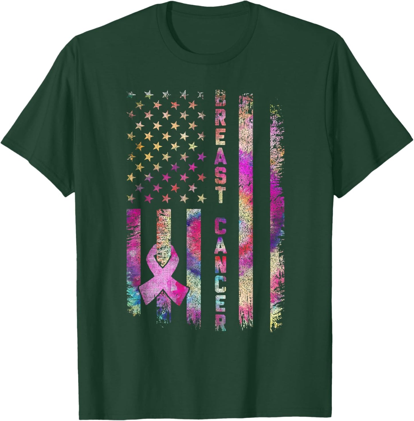 American Flag Breast Cancer Awareness Support Tie Dye T-Shirt - T-Shirt | Forest