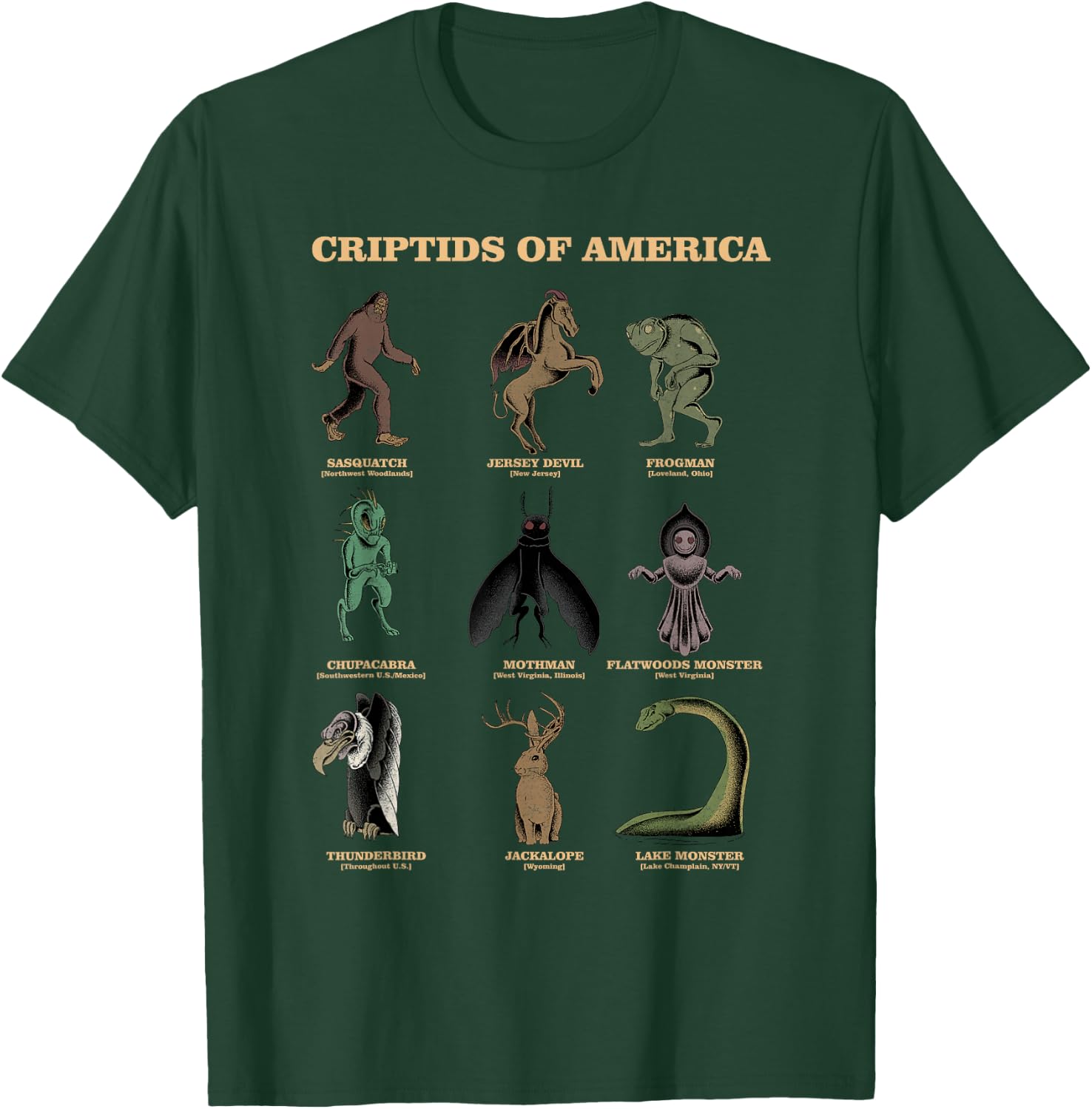 Cryptid Shirt Monster of America Educational Cryptozoology T-Shirt - T-Shirt | Forest