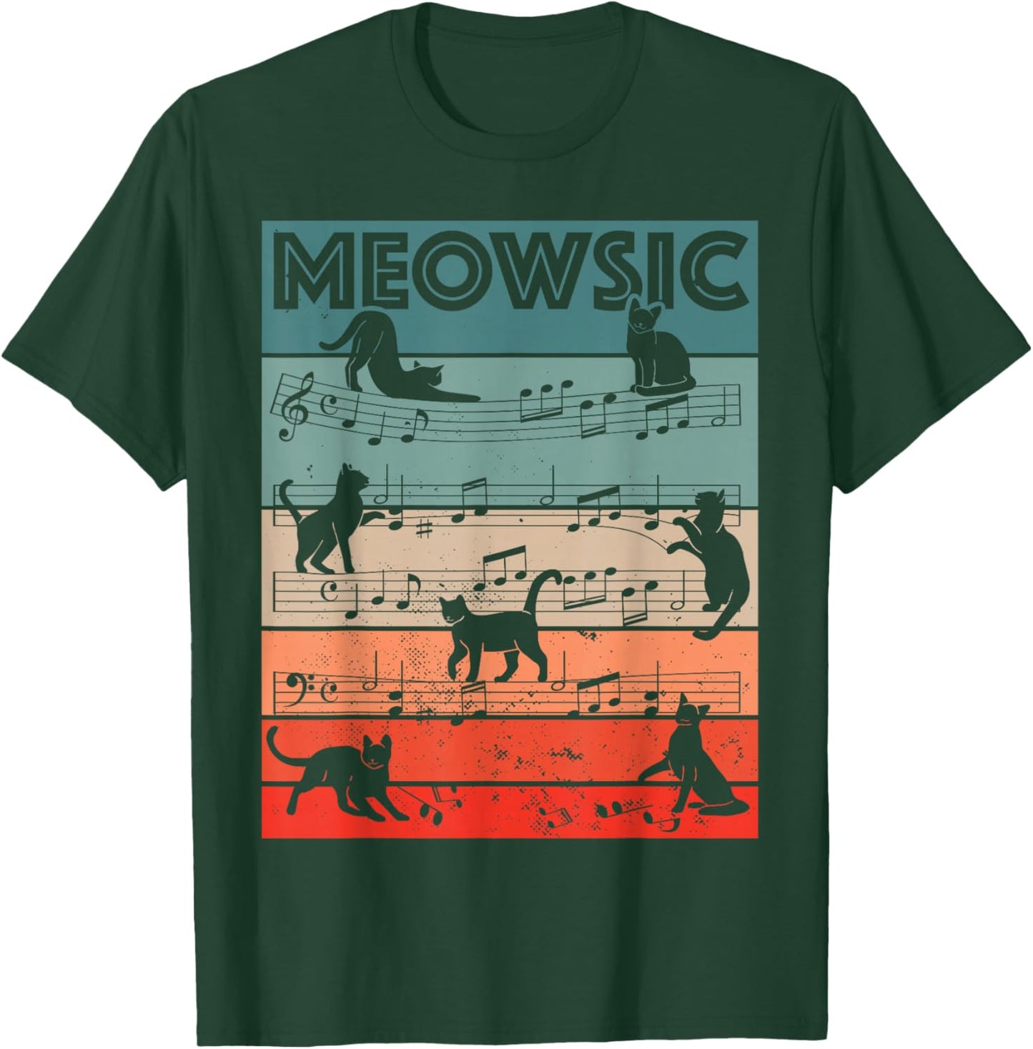 Meowsic Retro Cat Music Notes Musician Pet Lover Design T-Shirt - T-Shirt | Forest