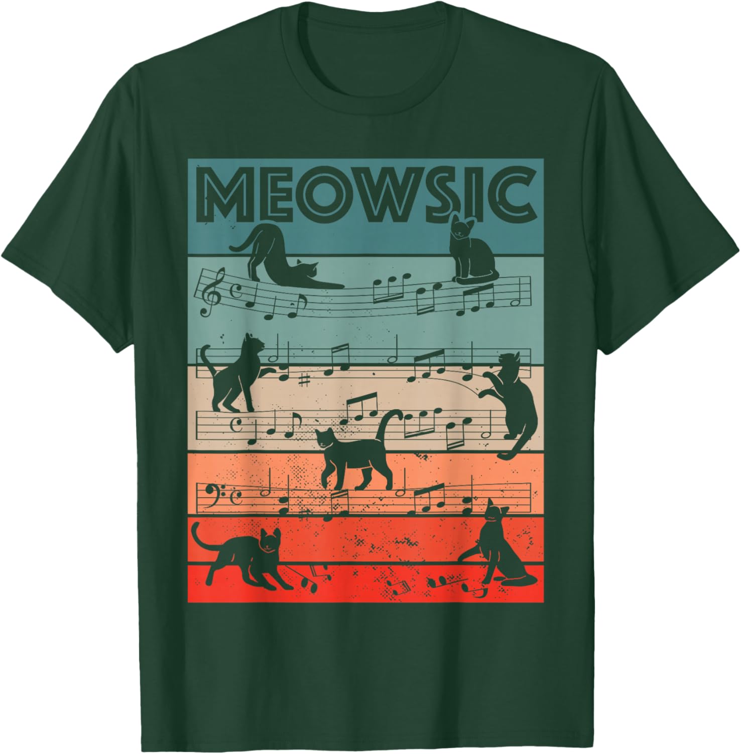 Meowsic Retro Cat Music Notes Musician Pet Lover Design T-Shirt - T-Shirt | Forest