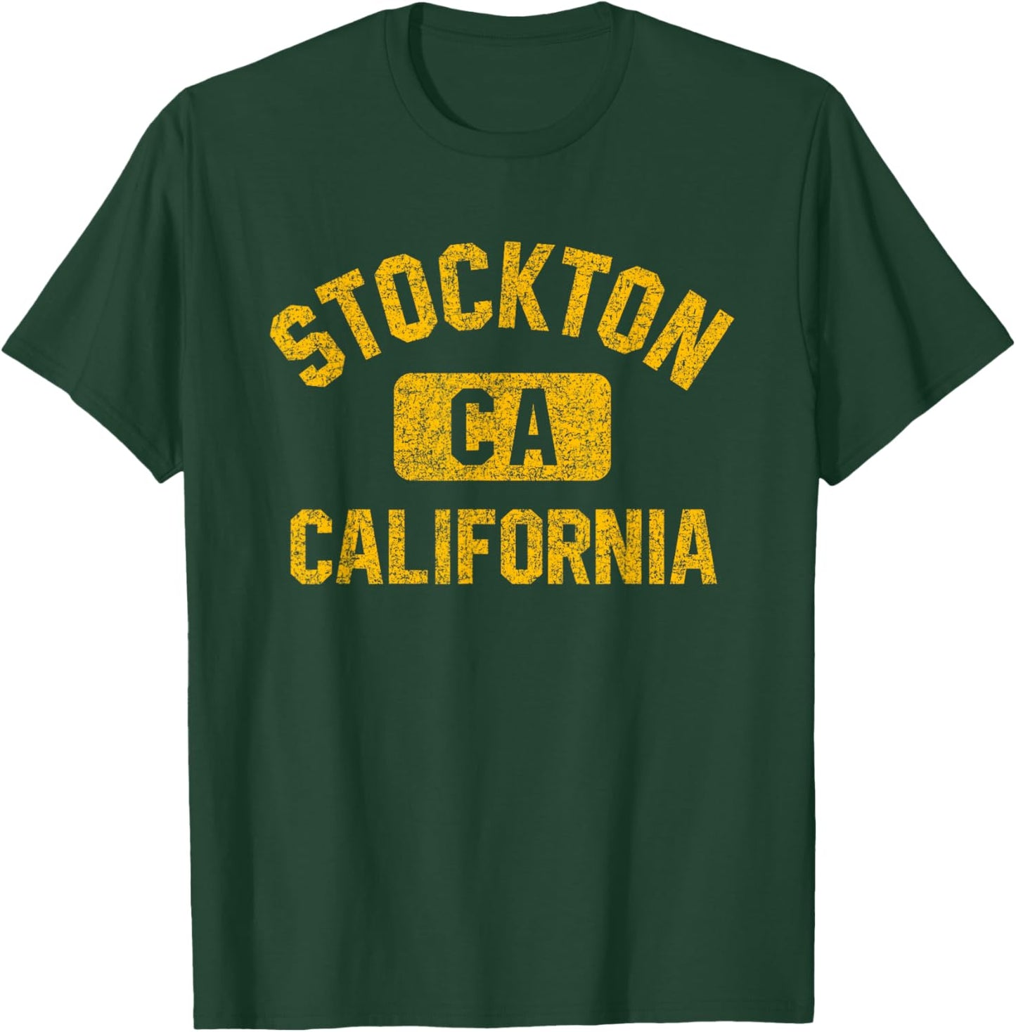 Stockton California Gym Style Distressed Amber Print T-Shirt - T-Shirt | Forest