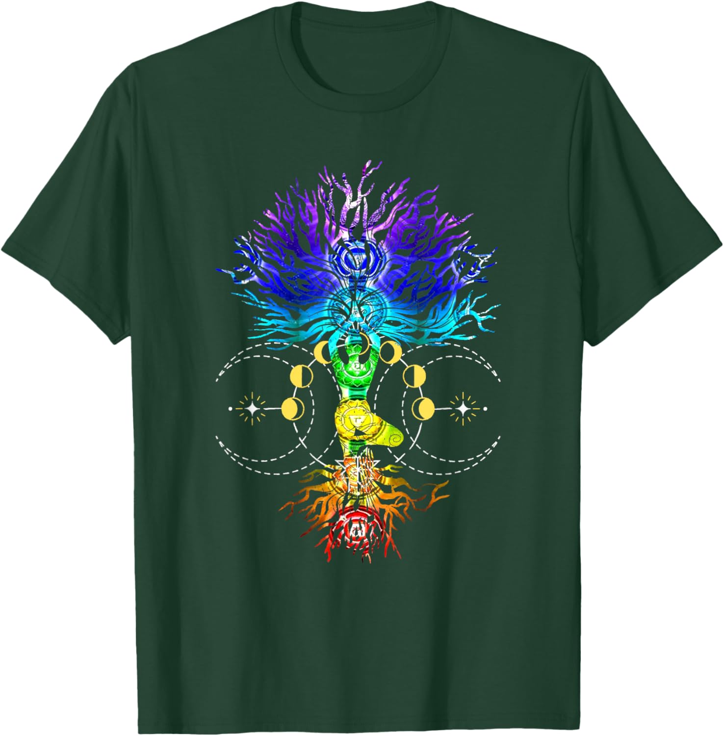 Chakra Tree of Life with Phases Of The Moon Hatha Yoga T-Shirt - T-Shirt | Forest