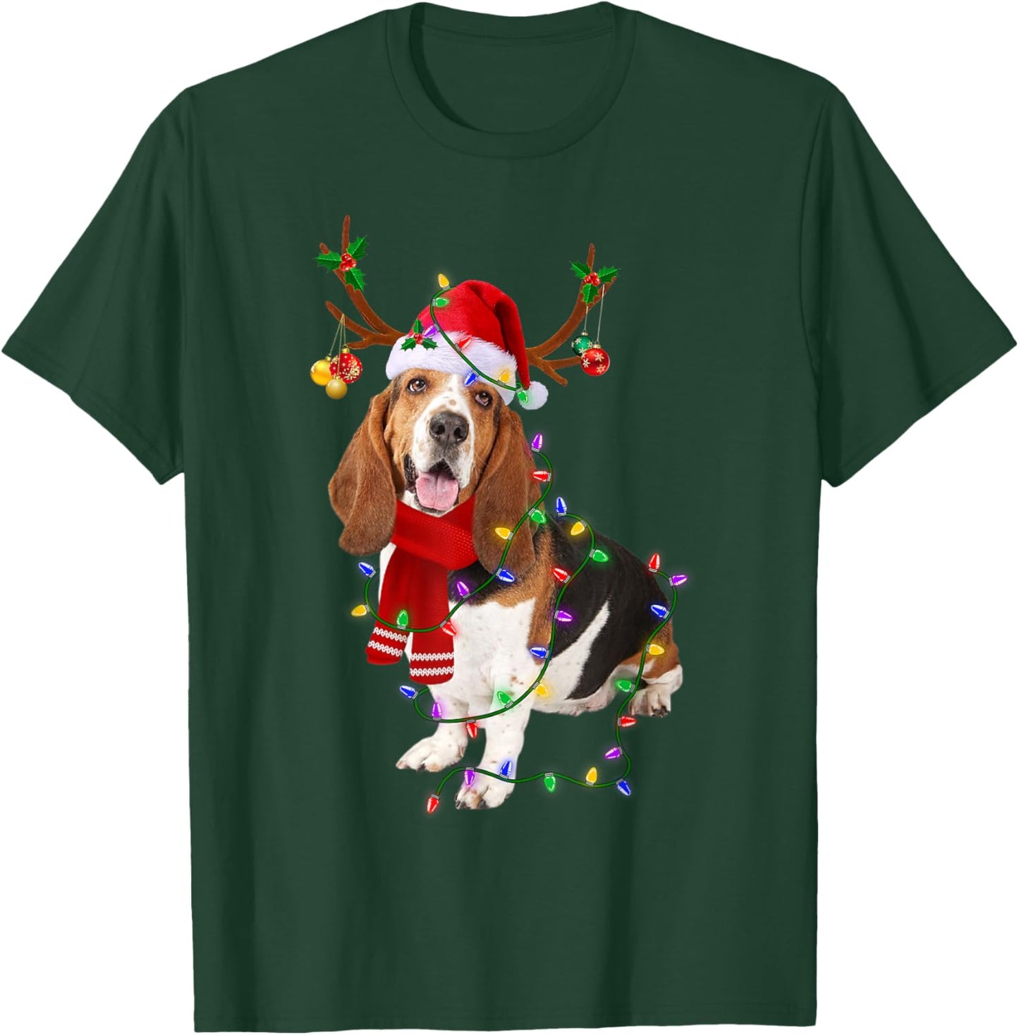 Basset Hound Christmas Lights Xmas Matching Family Dog Lover Women Kids T-Shirt - T-Shirt | Forest
