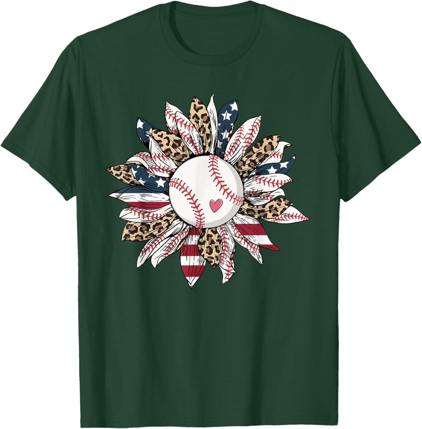 Baseball American Flag Leopard Sunflower Graphic 4th of July T-Shirt - T-Shirt | Forest