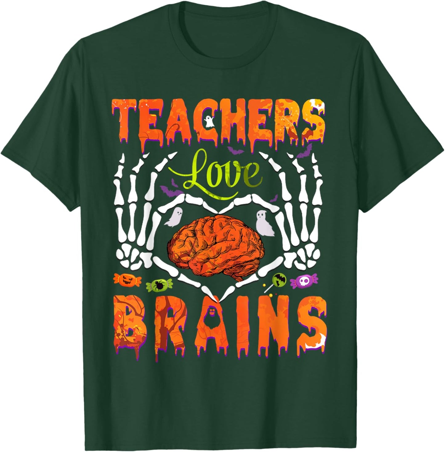 Halloween Heart Skeleton Teachers Love Brains Men Women Kids T-Shirt - T-Shirt | Forest