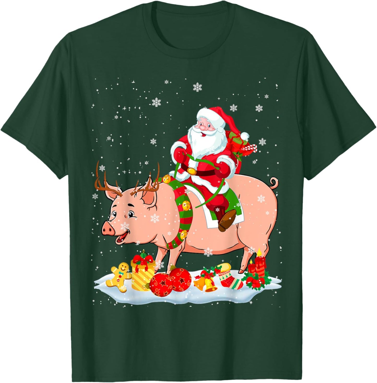 Santa Riding Reindeer Pig Xmas Pig Farmer Lover T-Shirt - T-Shirt | Forest