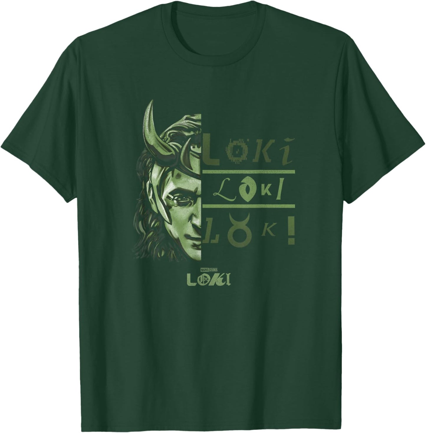 Marvel Loki Split Face Loki Logo Stack T-Shirt - T-Shirt | Forest