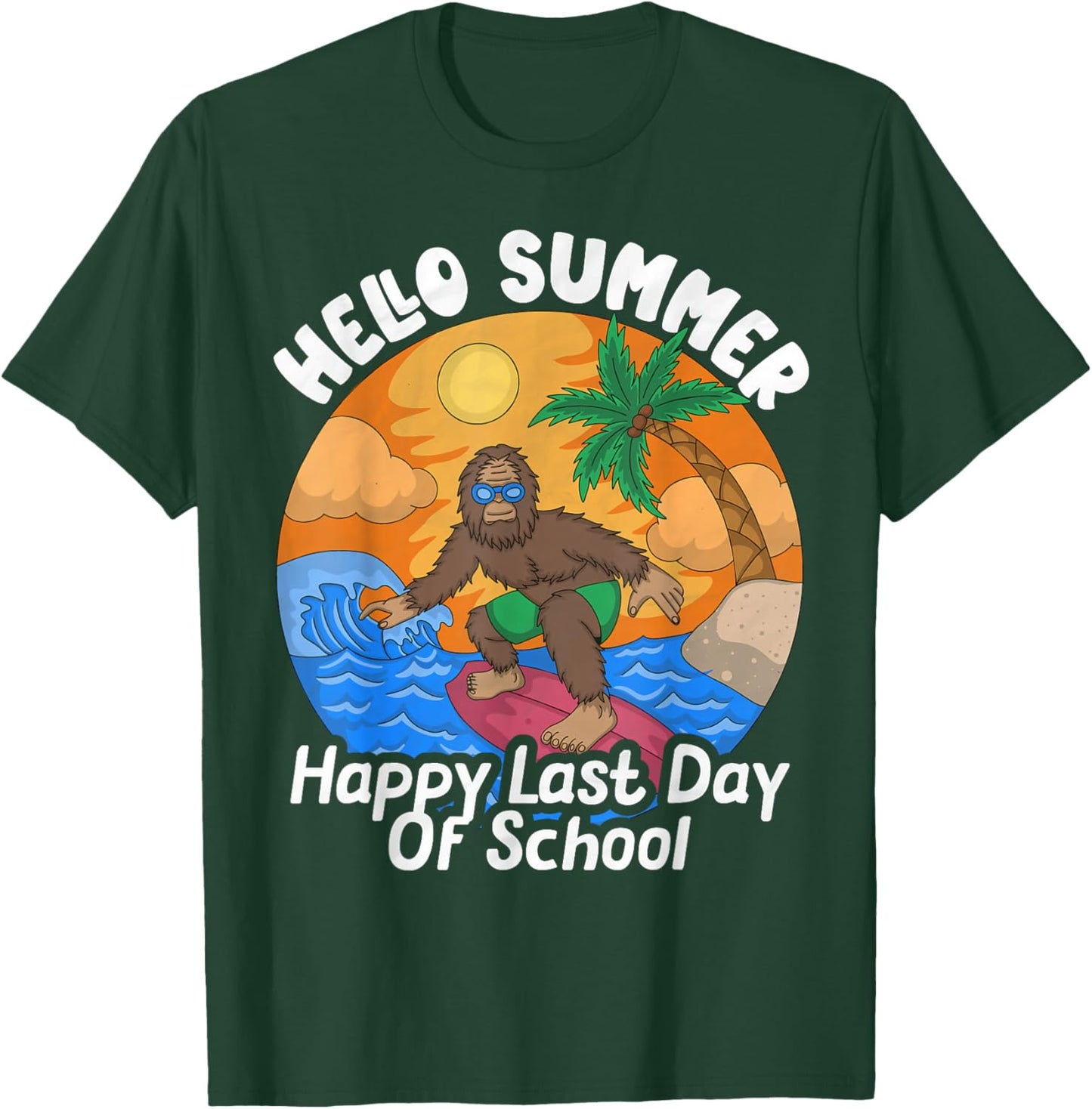 Big Foot Sasquatch Kids Hello Summer Surfing Last Day School T-Shirt - T-Shirt | Forest