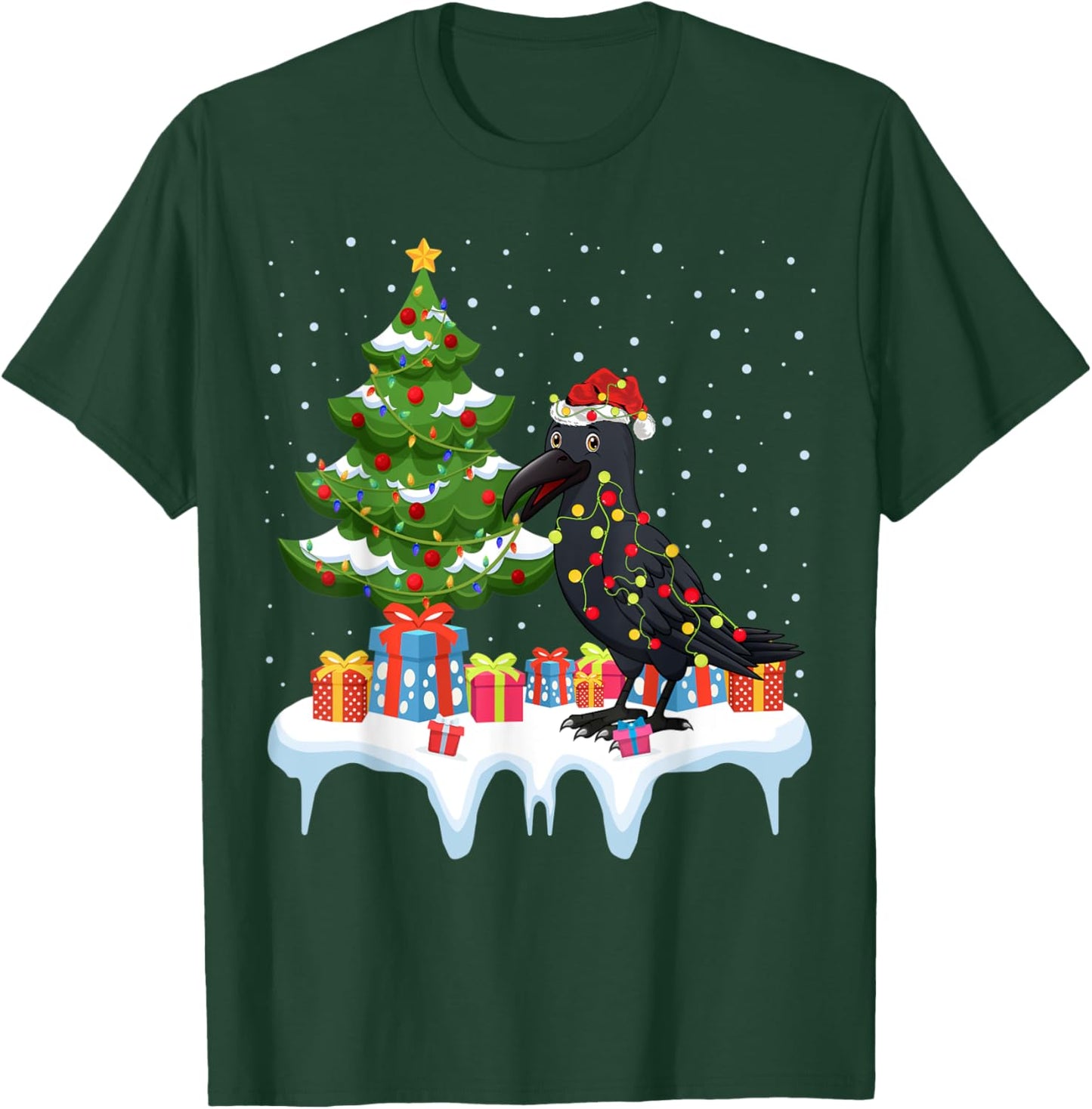 Xmas Lighting Tree Santa Hat Raven Christmas T-Shirt - T-Shirt | Forest