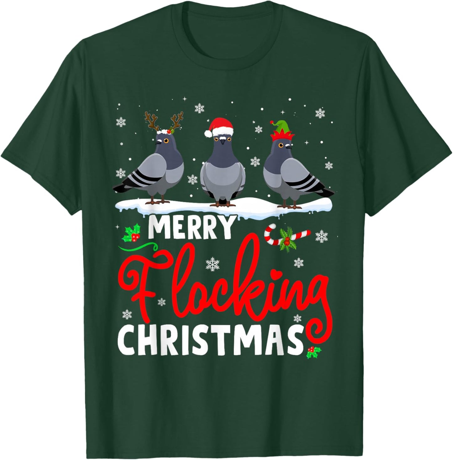 Merry Flocking Christmas Reindeer Santa ELF Pigeon Xmas T-Shirt - T-Shirt | Forest