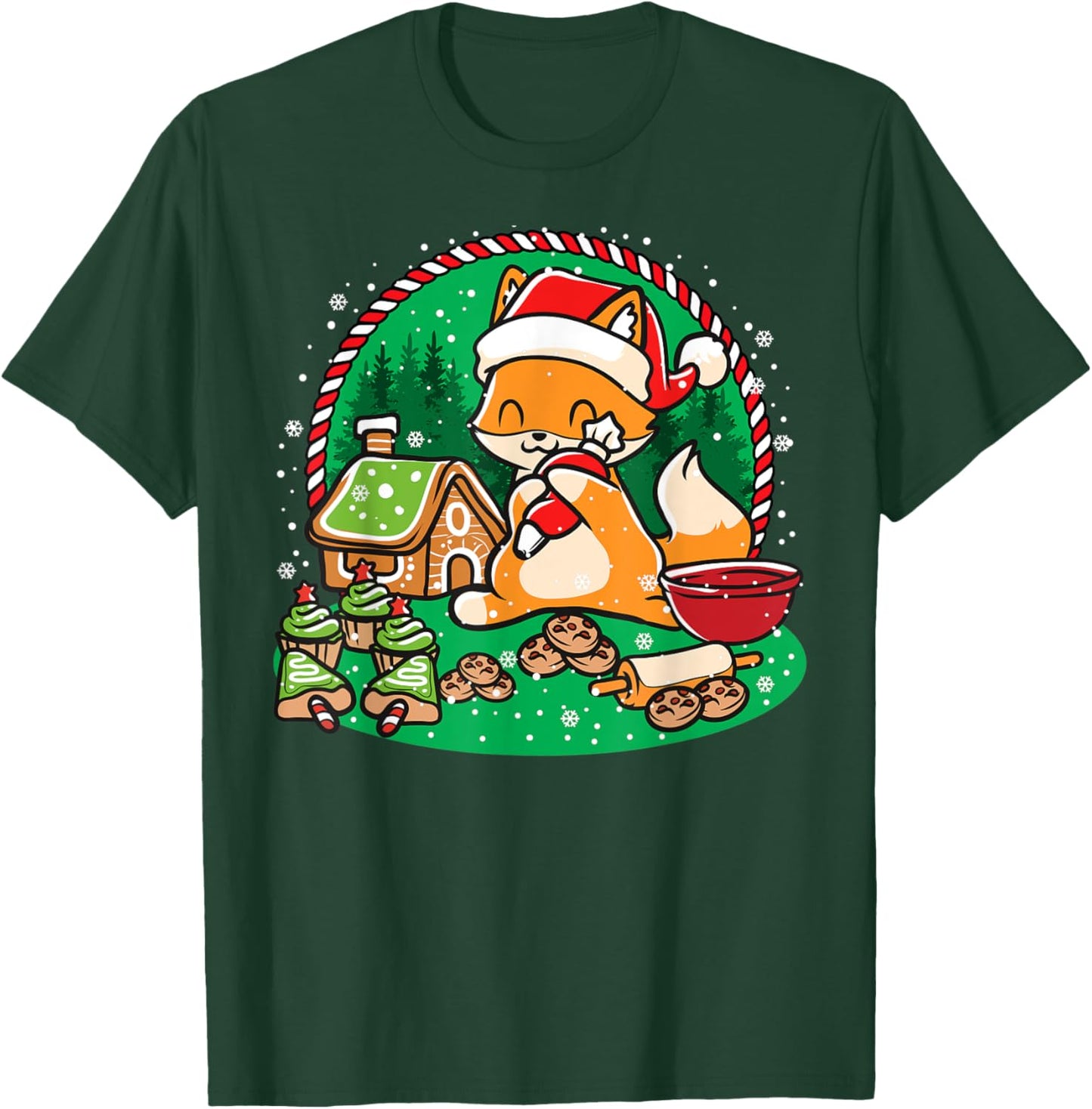 Gingerbread House Xmas Cookie Baking Team Cute Fox Baker T-Shirt - T-Shirt | Forest