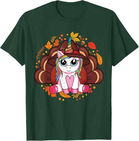 Cute Thanksgiving Girls Kids Toddler Turkey Unicorn T-Shirt - T-Shirt | Forest