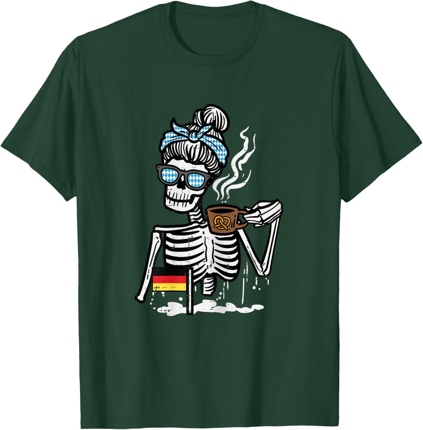 Oktoberfest Skeleton Messy Bun Coffee German Mom Women Girls T-Shirt - T-Shirt | Forest