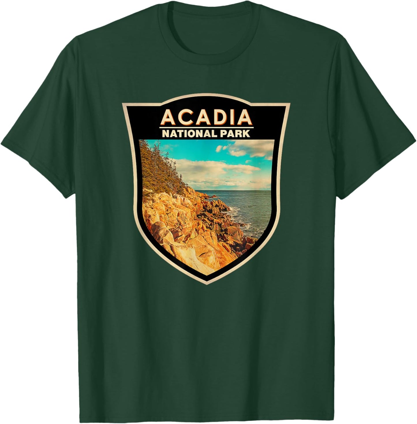 Acadia National Park Maine Bar Harbor Watercolor Badge T-Shirt - T-Shirt | Forest