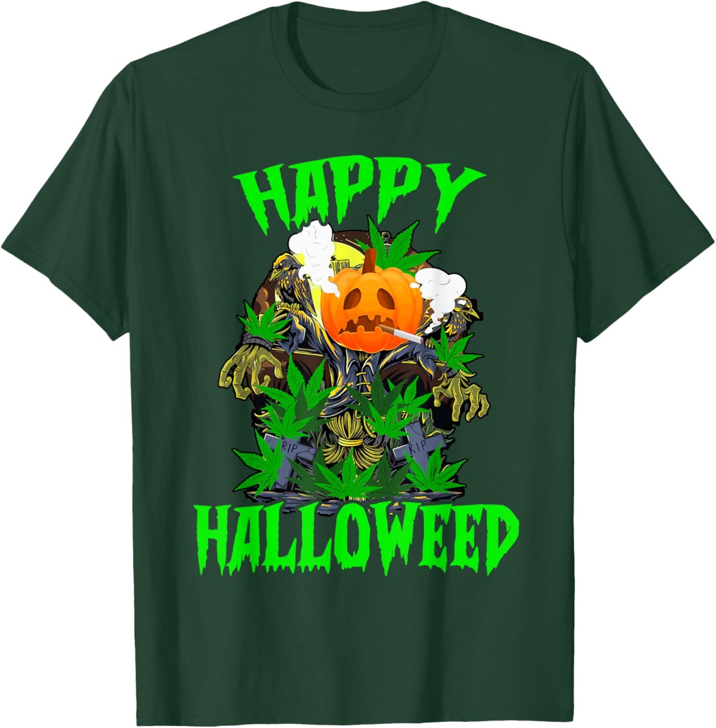 Funny Pumpkin Stoner Smoking Weed Happy Halloweed Halloween T-Shirt - T-Shirt | Forest