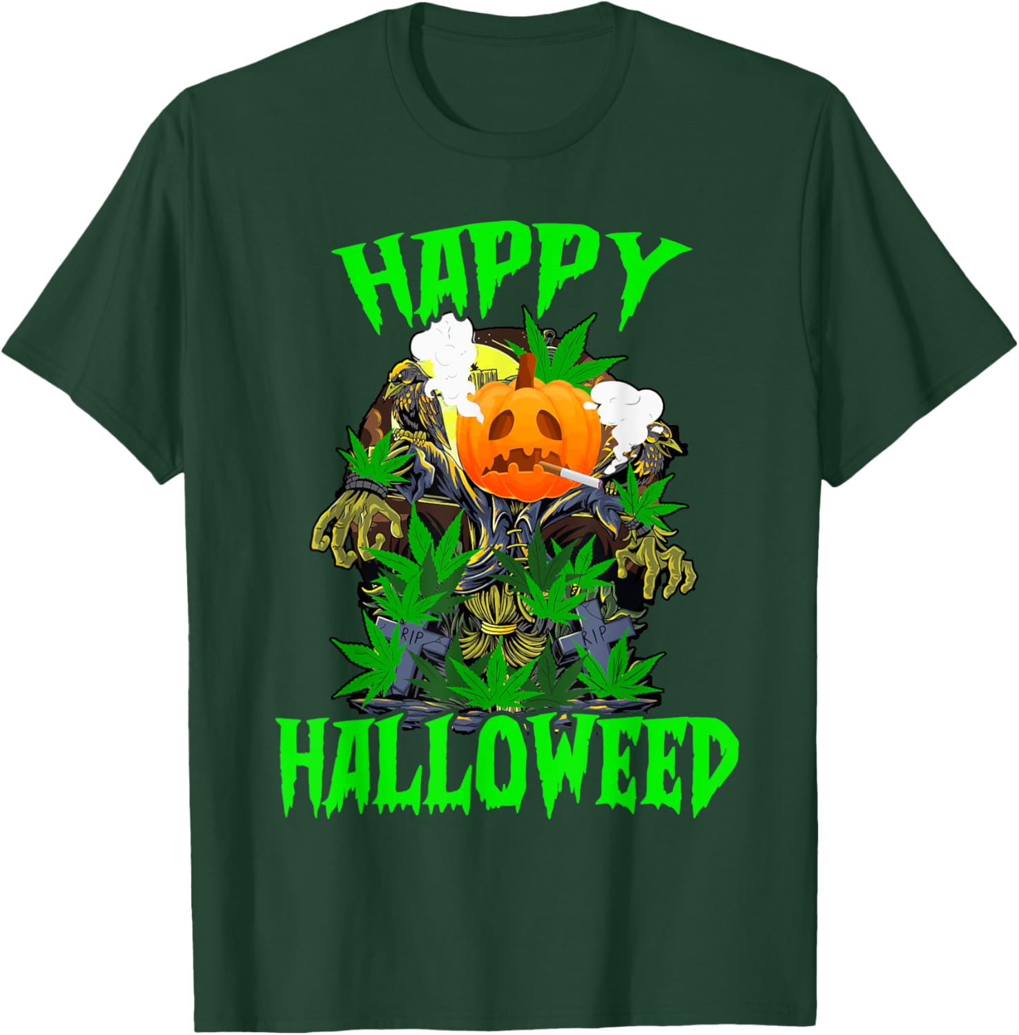 Funny Pumpkin Stoner Smoking Weed Happy Halloweed Halloween T-Shirt - T-Shirt | Forest