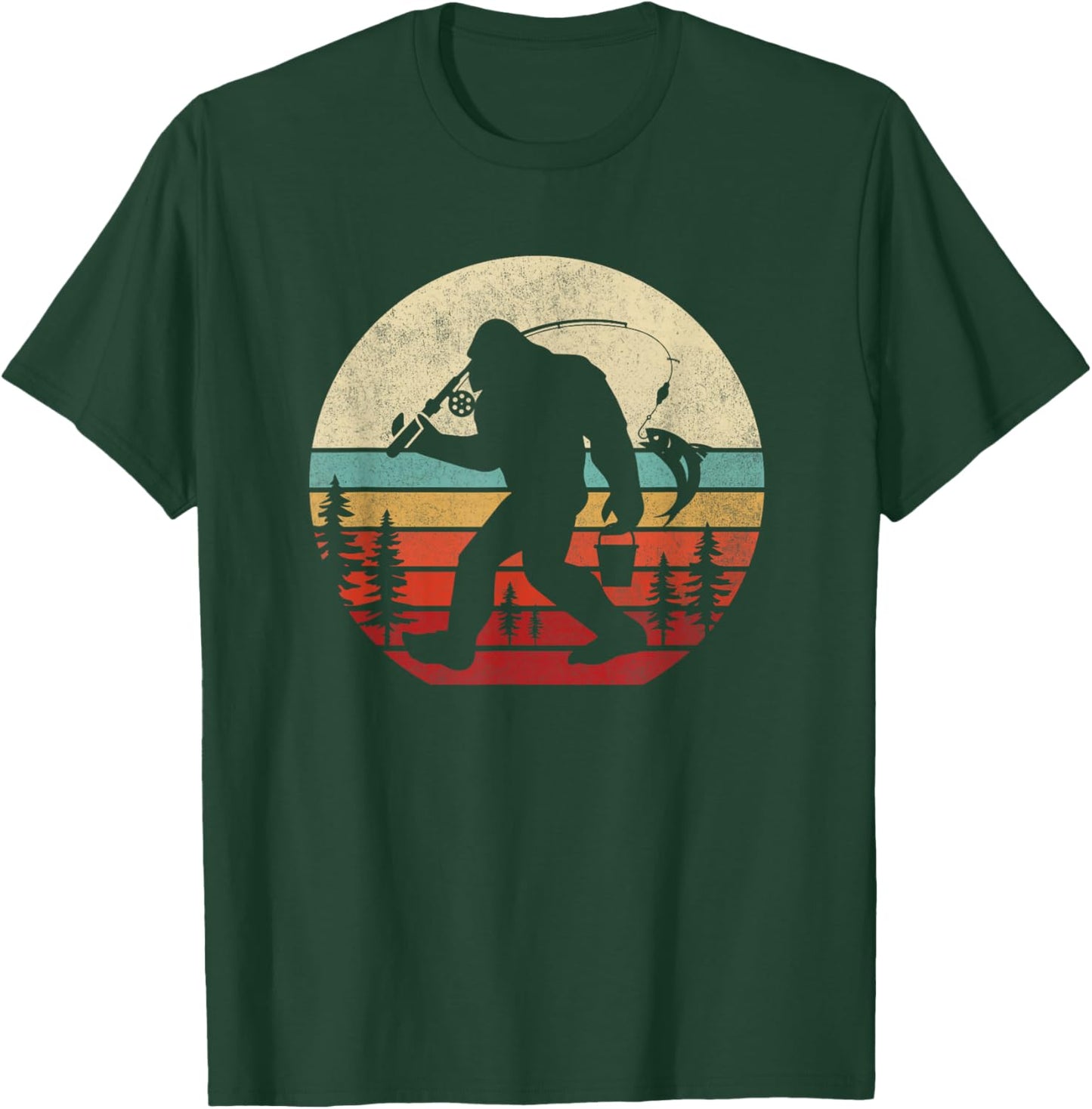 Bigfoot Fishing Funny Retro Sasquatch Dad Men Kids T-Shirt - T-Shirt | Forest