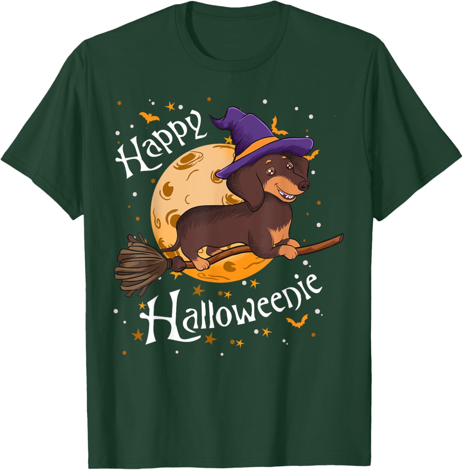 Happy Halloweenie Dachshund Dog Halloween Witch Wiener Broom Men Women Kids T-Shirt - T-Shirt | Forest
