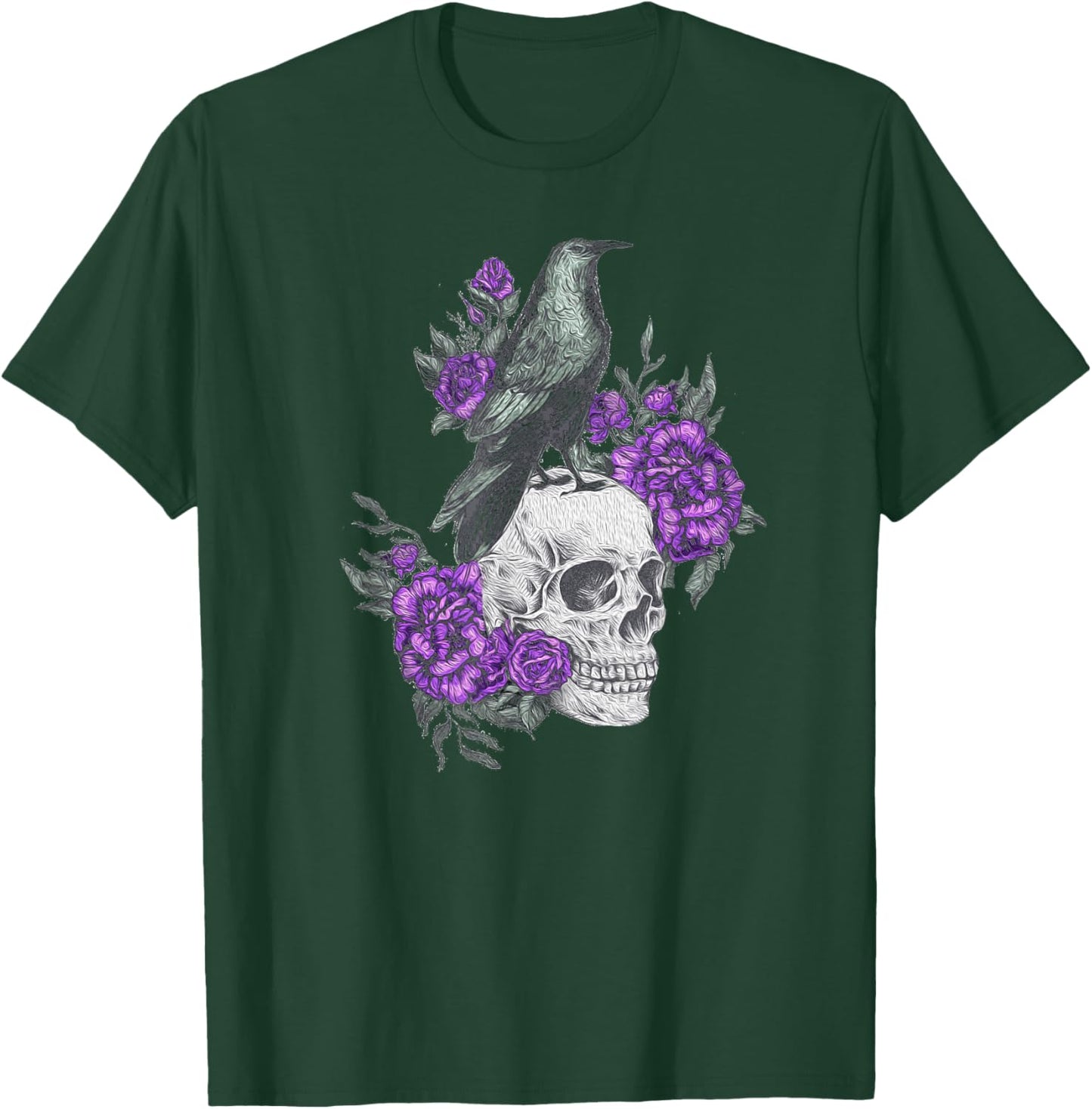 Vintage Sugar Skull and Crow Purple Rose Day of the Dead T-Shirt - T-Shirt | Forest