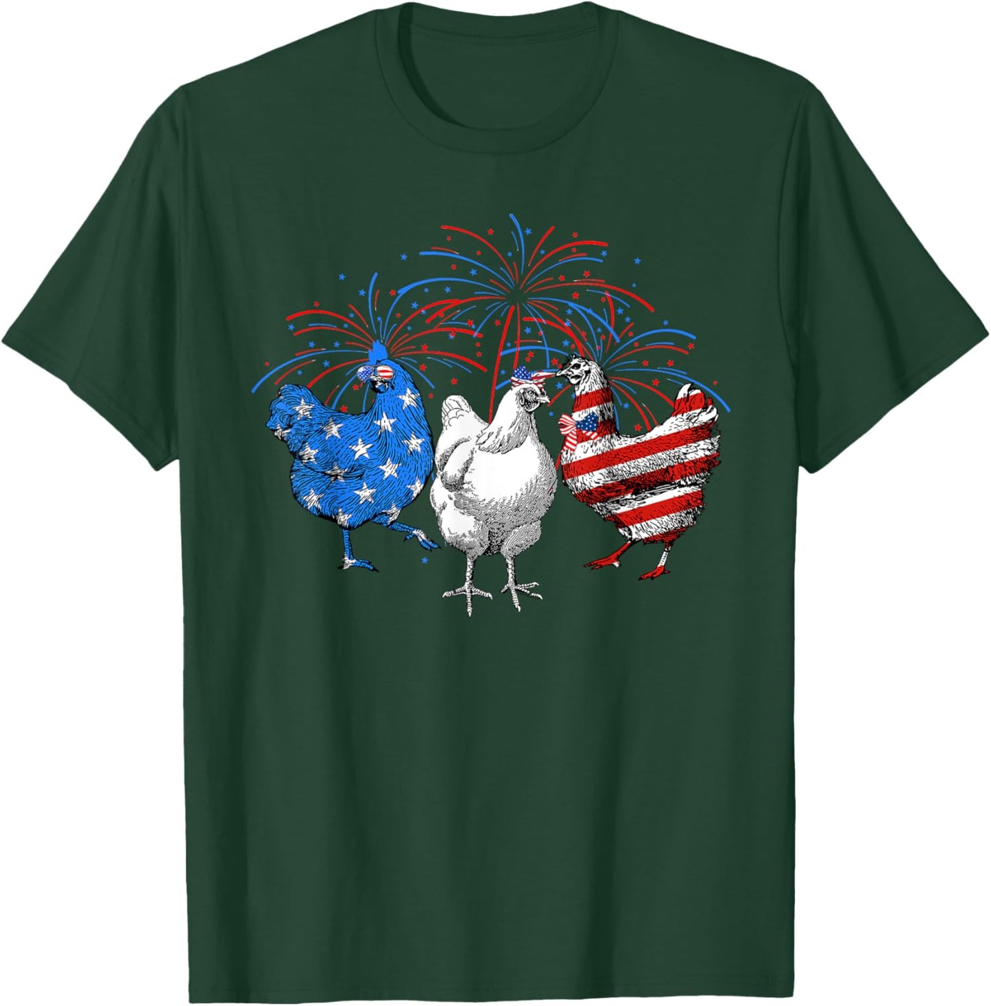 USA Flag Chicken Fireworks Patriotic 4th of July Women Kids Men T-Shirt - T-Shirt | Forest
