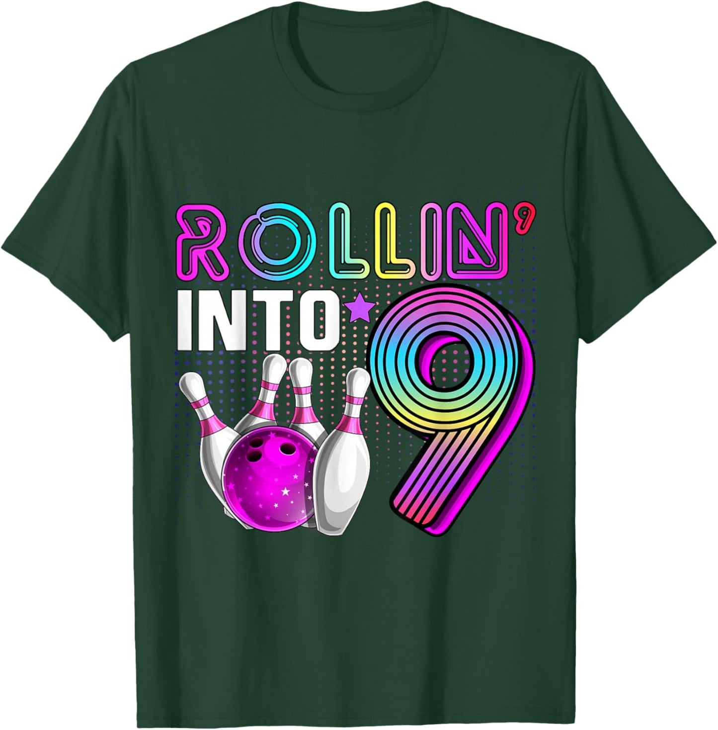 Rollin into 9 Bowling Birthday Party 9th Birthday Retro Girl T-Shirt - T-Shirt | Forest