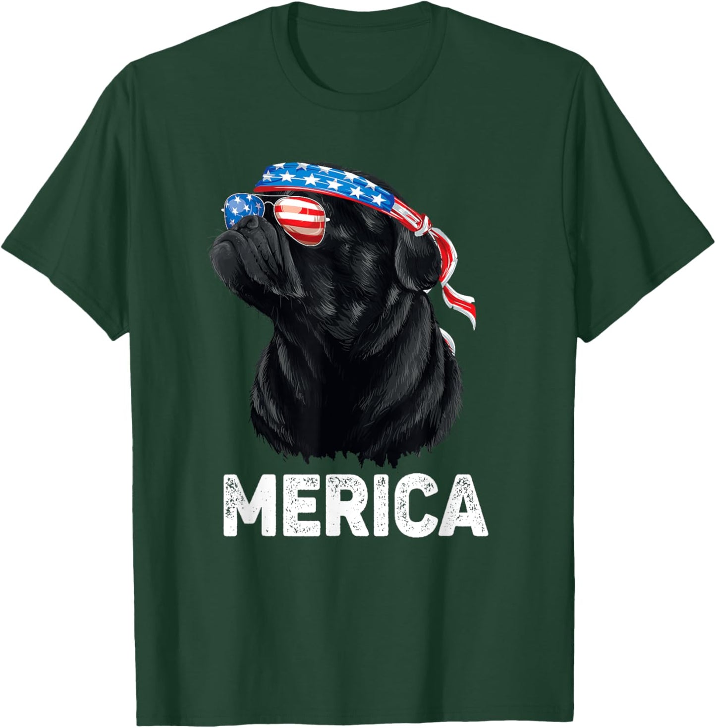 4th of July Dog Mom Dog Dad Merica USA Flag Funny Black Pug Women Kids Men T-Shirt - T-Shirt | Forest