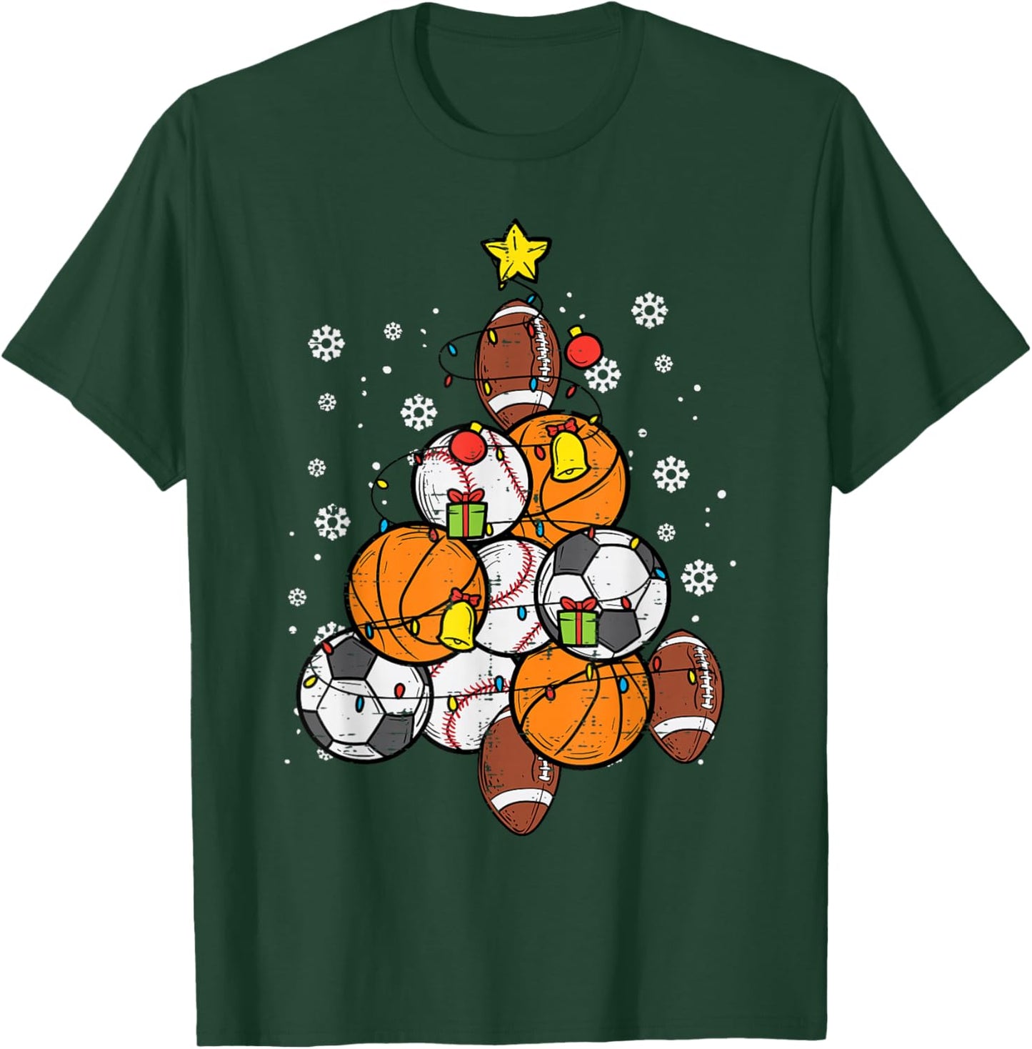 Sport Christmas Tree Football Soccer Baseball Basketball T-Shirt - T-Shirt | Forest