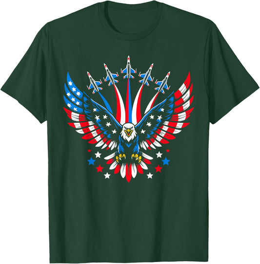 Eagle Patriotic Red Blue USA Flag Fighter Jets 4th of July T-Shirt - T-Shirt | Forest