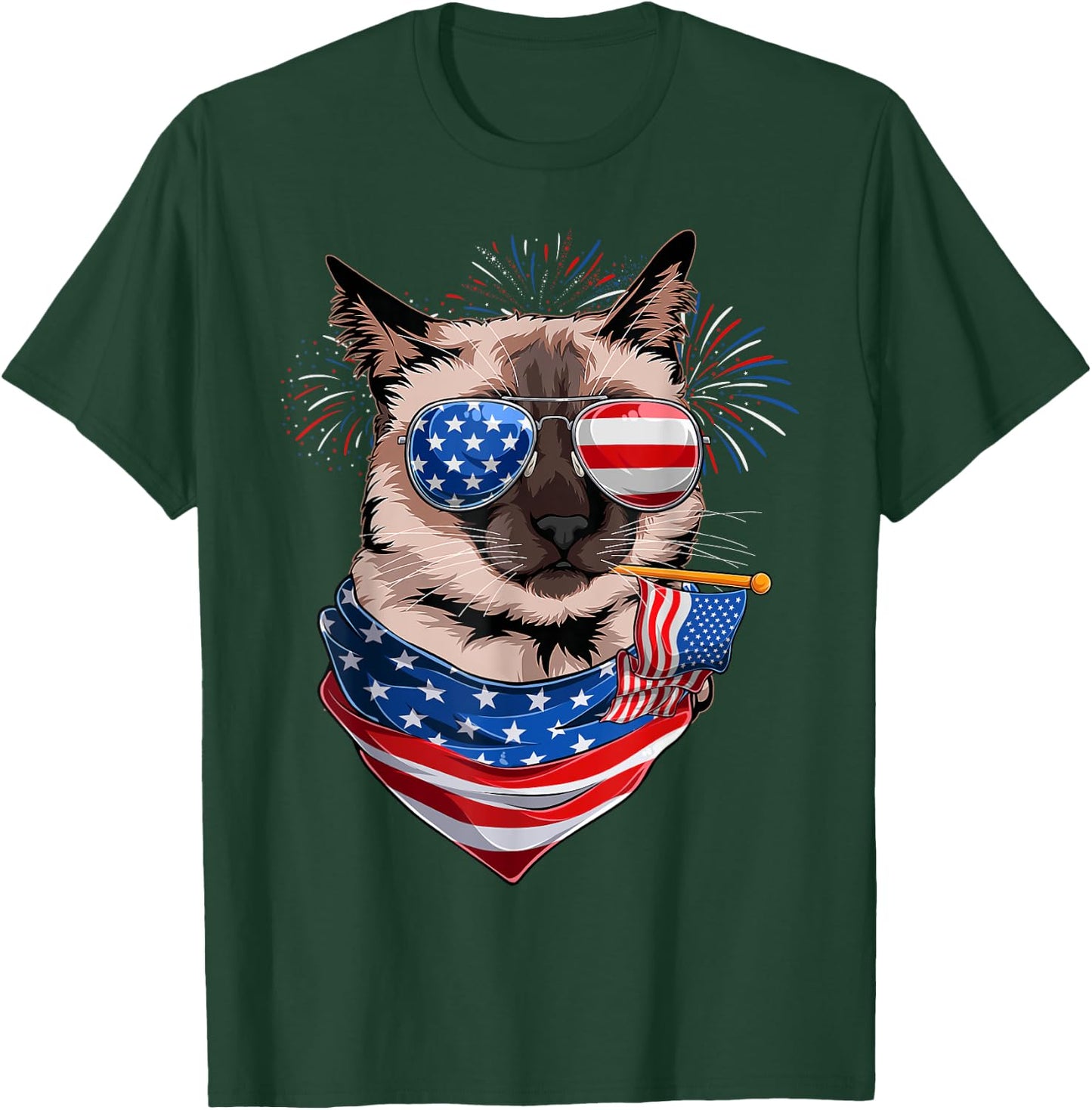 Funny Meowica Siamese Cat Lover Owner USA Flag 4th Of July T-Shirt - T-Shirt | Forest