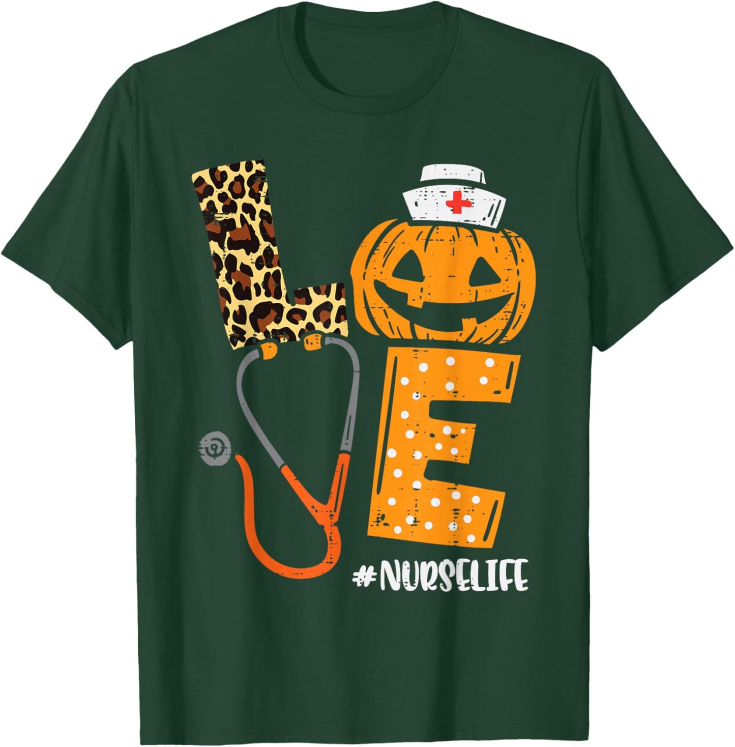 Love Nurse Pumpkin Leopard Fall Halloween Thanksgiving Women T-Shirt - T-Shirt | Forest