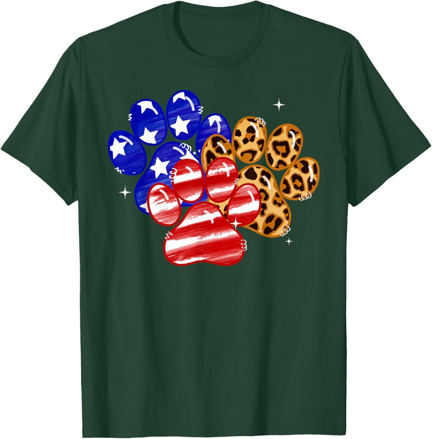 Leopard American Flag Hearts 4th Of July Dog Paw Print Cute T-Shirt - T-Shirt | Forest
