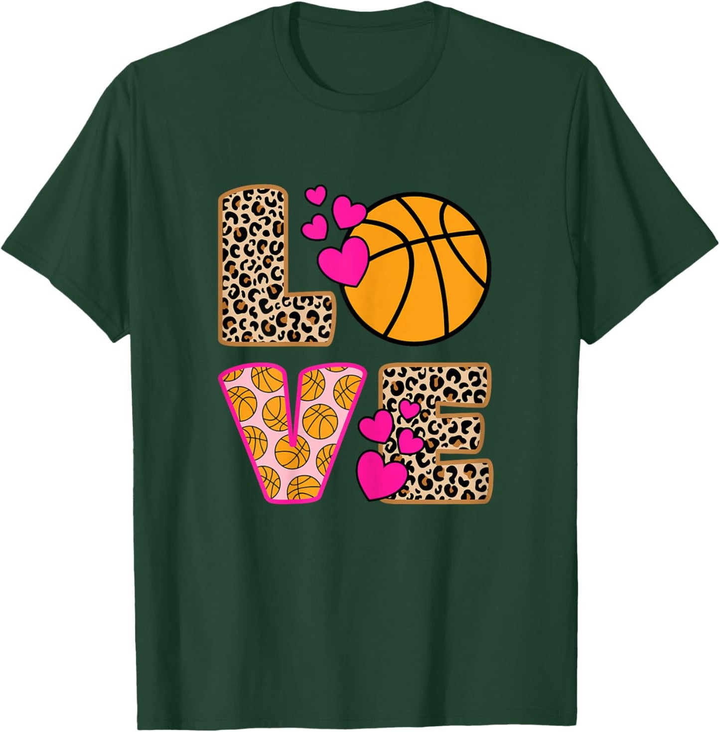 Cute Love Basketball Leopard Print Women Girls Basketball Small T-Shirt - T-Shirt | Forest