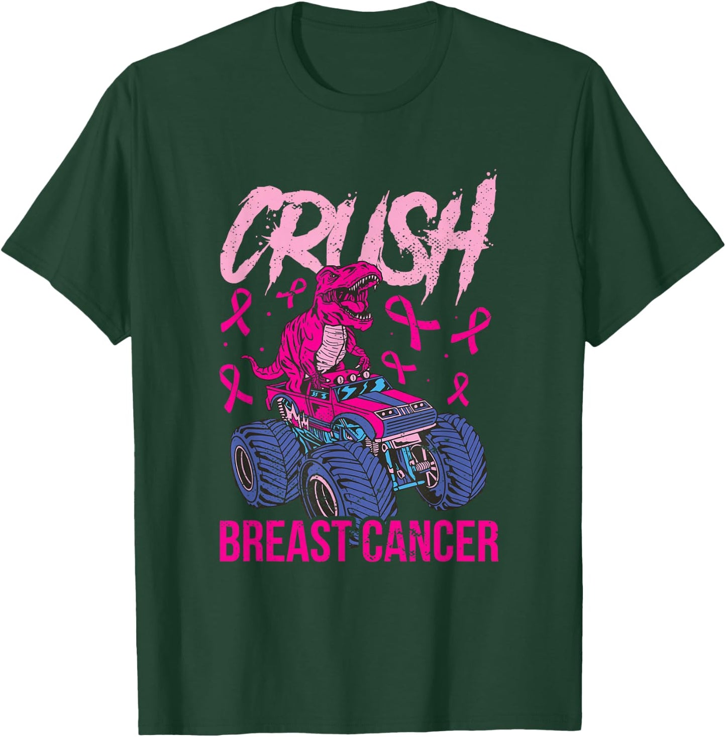 Crush Breast Cancer Awareness Monster Truck Boys Girls Dinos T-Shirt - T-Shirt | Forest