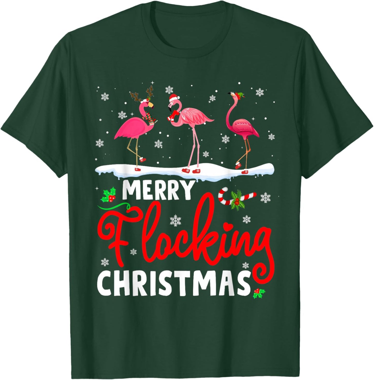 Merry Flocking Christmas Reindeer Santa ELF Flamingo Xmas T-Shirt - T-Shirt | Forest