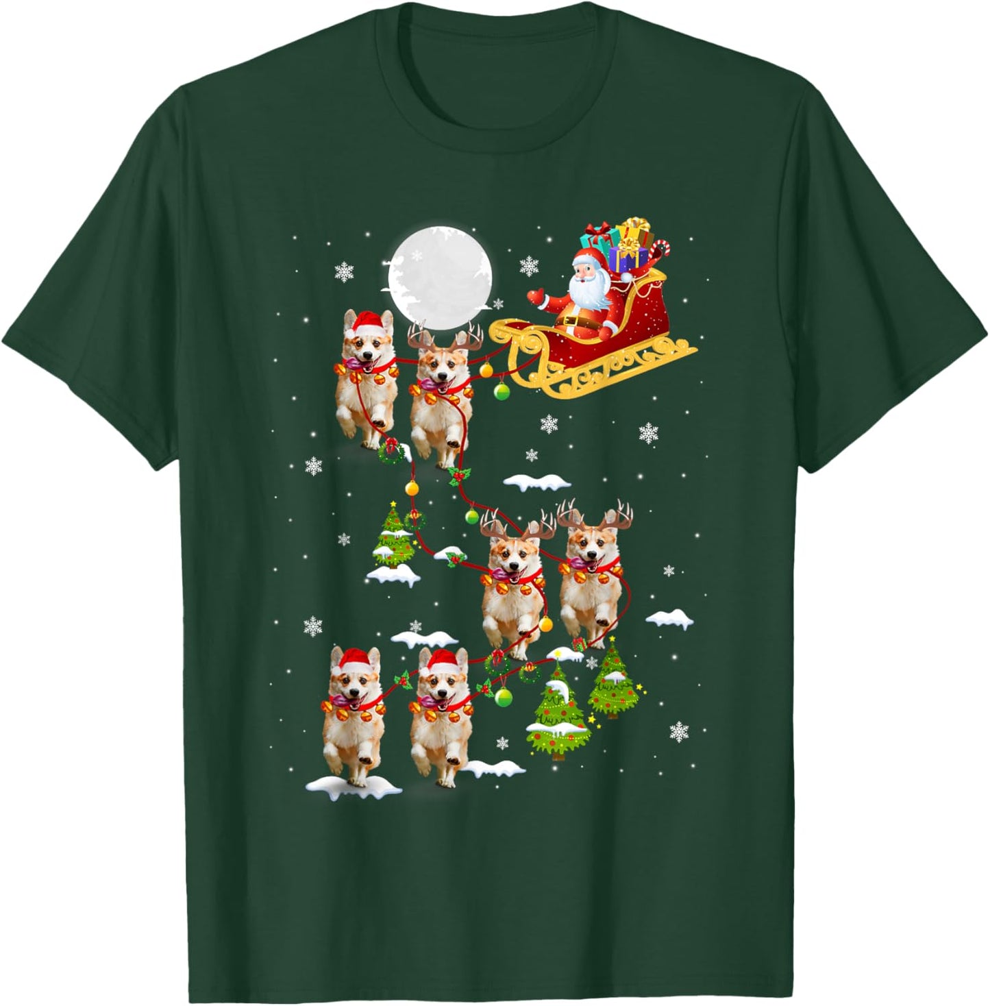 Santa Riding Corgi Sleigh Christmas Corgi Reindeer T-Shirt - T-Shirt | Forest